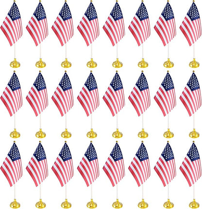 24 Pack USA US Desk Flags,Small Mini American Deluxe Table Flags Set with Stand Base，8.2 x 5.5 inches Miniature Desktop Flag