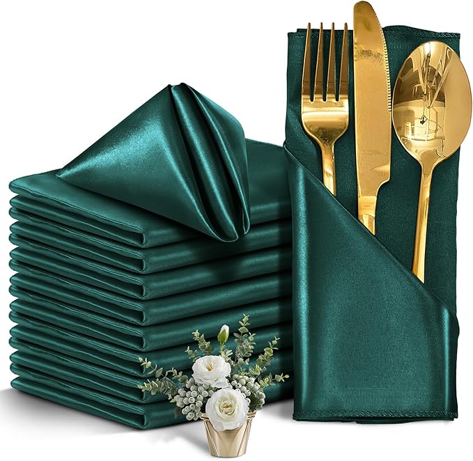 12 Pieces Forest Green Satin Napkins, 17" x 17" Square Table Napkins, Silky Soft Smooth Washable Napkins for Restaurant, Weddings, Dinner, Party Decoration
