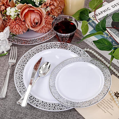 WELLIFE 210pcs Dinnerware Set - Silver Rimmed Plastic Plates Disposable Heavy Duty, Disposable Plastic Plates with Silver Rim, Water-proof, Break-proof, Best Choice for Any Party