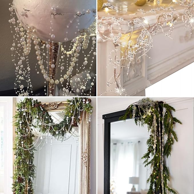98FT Pearl Beads String Garland, 8mm 3mm Ivory Faux Pearl Beads Roll Strand Bulk for Wedding Party Flower Christmas Decoration DIY Craft