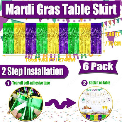 6 Pack 29x108 Inch Mardi Gras Metallic Foil Fringe Tinsel Table Skirts for Rectangle Tables Streamer Backdrop for Wedding, Birthday, Parade Floats, Carnival Party Decoration Gold Green Purple