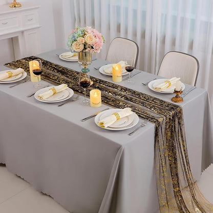 Snowkingdom Black and Gold Cheesecloth Table Runner 10 FT, Sheer Chiffon Sparkle Gauze Mesh Runners 120 Inch, Glitter Table Centerpieces Decoration for Birthday Party Wedding Christmas Halloween