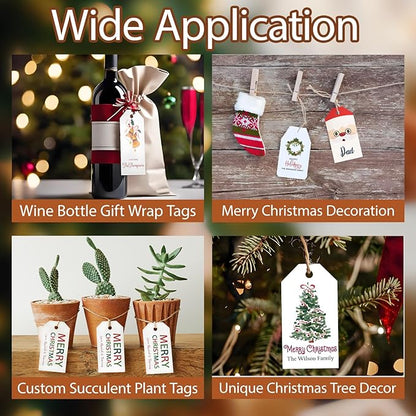 50pcs Custom Merry Christmas Gift Tags Personalized with Your Family Name and Year, Unique Santa Christmas Tree Design Hangtag Party Decorations (Rectangle Tag)
