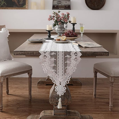 patdrea Designer Vintage White Lace Table Runner,Crochet Decorative Table Covers,Chiffon Embroidered Tasseled Table Runners, Cutwork Dresser Runners,Christmas Wedding Party Bridal 16x102 Inches Long
