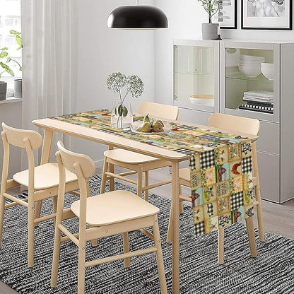 Farmhouse Animals Table Runner,Rustic Cabin Pig Chicken Cow Sunflowers Geometric Grids Burlap for Hotel Indoors Outdoor Dining Room Kitchen Holiday Party, 13x70in