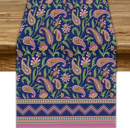 Colorful Paisley Floral Table Runner, Vintage Pink Purple Flowers Green Plants Leaves Print Table Runner for Kitchen Dining Table Indoor Outdoor Home Party, 13x70inch