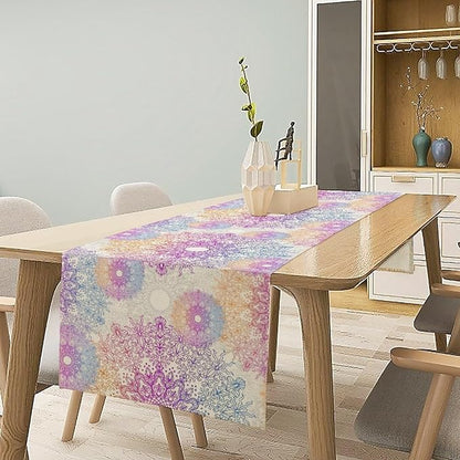 Oriental Mandala Table Runner, Traditional Bohemian Gradiently Purple Pink Blue Mandala Flower Table Runner for Farmhouse Cottage Kitchen Dining Table Decor, 13x90inch