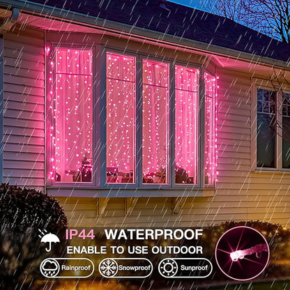 suddus Curtain Lights for Bedroom, 300 Led 9.8ft x 9.8ft Hanging String Lights Outdoor, Fairy Curtain Lights for Backdrop, Window, Wall, Wedding, Party, Garden, Porch, Birthday Decorations Pink