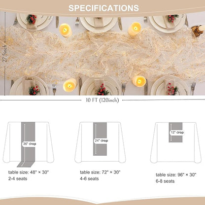 Snowkingdom 10 Ft Gold Table Runner, Sheer Chiffon Tulle Cheesecloth Golden Sequin Glitter Metallic Foil, Gold Party Table Decorations Centerpiece for Wedding Birthday Christmas Bridal Baby Shower
