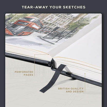 Beechmore Books A4 Sketchbook – 8.5x11 Premium Vegan Leather Bound Large Sketch Book Hardcover with 156 Thick 160gsm Perforated Ivory Pages, Blank Sketch Pad, Gift Boxed, Back Pocket, Ribbon Bookmark
