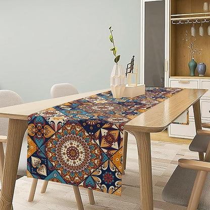 Vintage Mandala Table Runner, Bohemian Brown Blue Tile Traditional Indian Flowers Table Runner for Kitchen Dining Table Office Wedding Party Holiday Home Decor, 13x70inch
