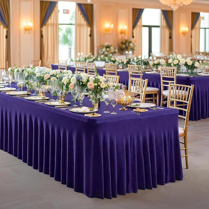 Wish Care 2 Pack Dark Purple Spandex Table Clothes for 6 Foot Rectangle Tables, 6FT Wrinkle Free Fitted Tablecloths Ruffles Design Table Cover for Party, Banquet, Wedding and Events
