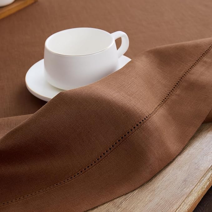 Solino Home Linen Brown Table Runner 108 Inches Long - 100% Pure Linen 14 x 108 Inch Table Runner for Fall, Autumn, Thanksgiving - Classic Hemstitch