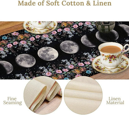 Boho Floral Moon Table Runner, Spring Flower Leaves Mystical Gothic Sun Moon Table Runner for Kitchen Dining Table Home Party,13x36 Inch Purple