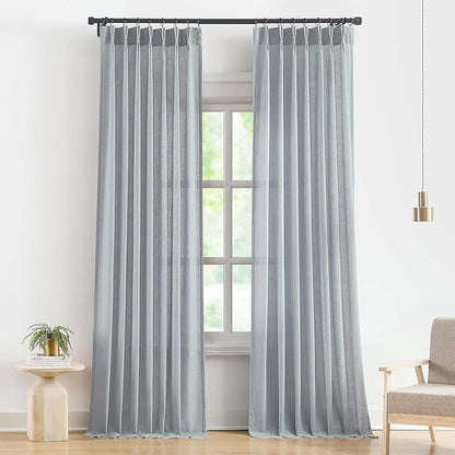 Vision Home Blue Grey Pinch Pleated Semi Sheer Curtains Textured Linen Blended Light Filtering Window Curtains 108 inch for Living Room Bedroom Pinch Pleat Drapes with Hooks 2 Panels 9ft 40" Wx108 L