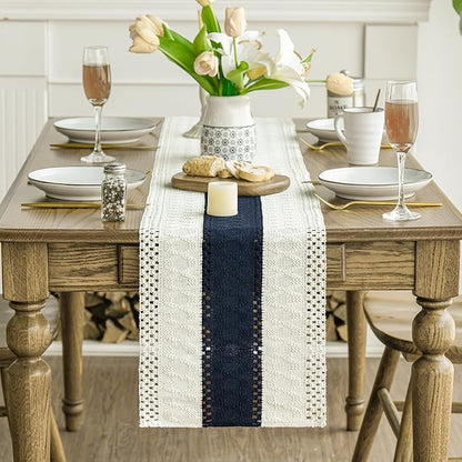 Artoid Mode Dark Blue Farmhouse Rustic Table Runner, Seasonal Holiday Hollow Kitchen Dining Table Decoration for Home Party Decor 12x60 Inch