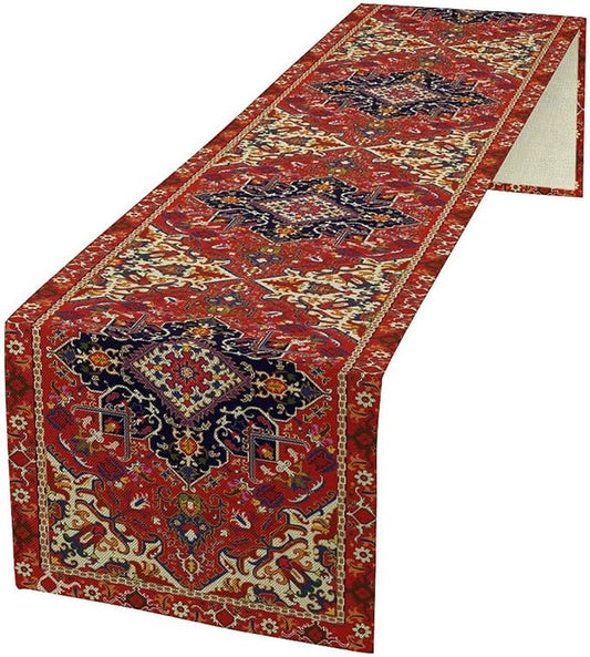 Boho Old French Table Runner, Vintage Red Beige Retro Flower Rustic Country Style Floral Print Pattern for Home Kitchen Table Decor Dining Coffee Room Garden Party Decor 13x90in