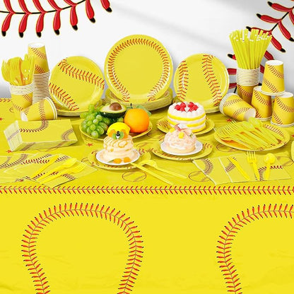 452 Pcs Softball Birthday Party Decorations for 50 Guests, Softball Paper Plates Napkins Cups Tablecloth Cutlery Straws Disposable Tableware Set for Women Men Sports Theme Party Supplies