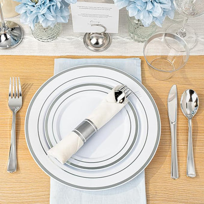 BESTVIP 700PCS Silver Plastic Dinnerware Set for 100 Guests, Disposable Plates for Party, Include: 200 Plastic Plates, 100 Pre Rolled Napkins with Silver Silverware, 100 Cups for Christmas, Halloween