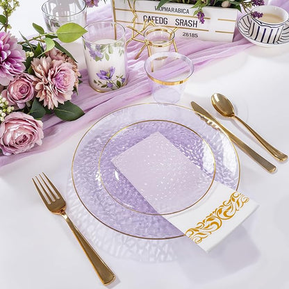 Rubtlamp 350 Pcs Clear Purple Plastic Plates, Gold Plastic Dinnerware Set (50 Guests), Purple Disposable Plates With Gold Rim, Hammered Party Plates Set for Wedding And Party