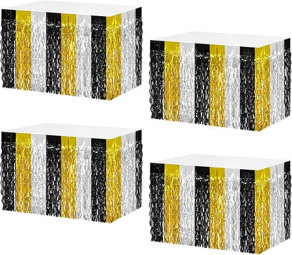 4P Wavy Metallic Tinsel Foil Fringe Table Skirts for Rectangle Tables Backdrop Garland Curtains for Parade Floats Wedding Birthday Parties Decoration Graduation 2025 Christmas (Black Gold Silver)