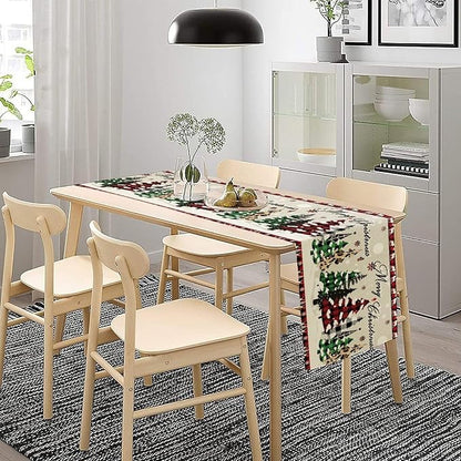 Christmas Tree Table Runner,Farmhouse Xmas Trees Buffalo Plaid Winter Snowflake Tablecloth Burlap for Hotel Indoors Outdoor Dining Room Kitchen Home Decor,W13X L36 in