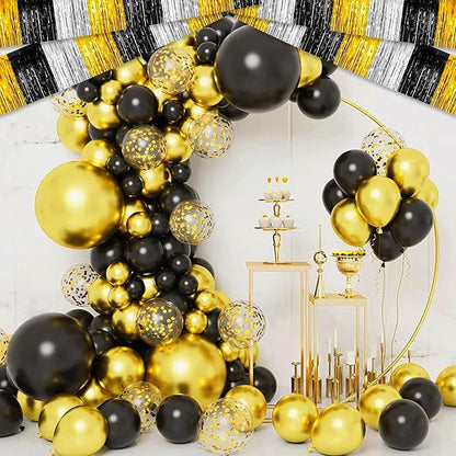 6 Pack 10 Feet Black Gold Silver Foil Fringe Garland Metallic Tinsel Streamers Banner Wall Hanging Curtain Backdrop for Parade Floats, Birthday, Graduate, Mother's Day, Wedding Party Decoration