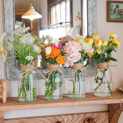 Set of 12 Vintage Glass Vases for Flowers Farmhouse Clear Glass Vases for Centerpieces Small Flower Vases with Twine Ties for Wedding, Parties & Home Decor