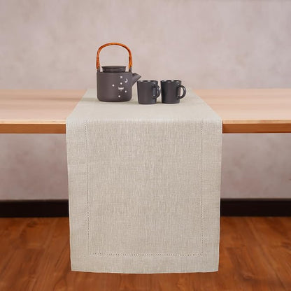 Linen Light Natural Table Runner 120 Inches - 100% Pure Linen Cloth Fabric Hemstitch Table Runner 14 x 120 Inch for Dining, Dresser, Thanksgiving, Fall Christmas - Lino