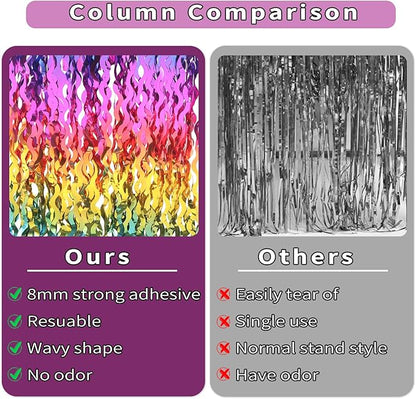 4 Pack Wavy Rainbow Foil Fringe Curtain | 3.3x6.6ft Colorful Tinsel Metallic Streamers Holiday Photo Booth Props Backdrop for Engagement Bridal Shower Unicorn Party Decorations