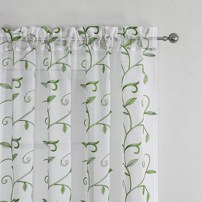 VISIONTEX Embroidered Green Sheer Voile Curtains, Leaves Embroidery Faux Linen Rod Pocket Window Drapes for Living Room and Girls Bedroom 54 x 108 Inch, Set of 2 Curtain Panels