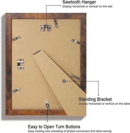 9x12 Picture Frame Set of 4 with Tempered Glass, Wooden Rustic Frame Display 6x8 Pictures with Mat or 9 x 12 Without Mat, Photo Frame for Wall Mount and Tabletop Display