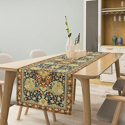 Vintage Boho Floral Table Runner, Elegant Luxurious Rustic Country Farmhouse Navy Blue Gold Retro Flower Pattern for Home Kitchen Table Decor Dining Coffee Room Party Decor 13x36in