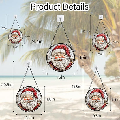 Stained Glass Window Hanging - Red White Santa Claus Suncatcher for Doors Home Christmas Decoration Winter Sun Catcher Thanksgiving New Year Birthday Gifts for Women Men Mom Nana Girl 11.8 in