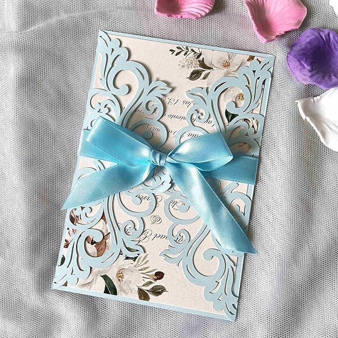 25PCS Light Blue Laser Cut Wedding Invitations Cards with Envelopes,Blank Inner Sheets,Ribbons for Wedding Bridal Shower Quinceanera Engagement Birthday Invites matte light blue B001