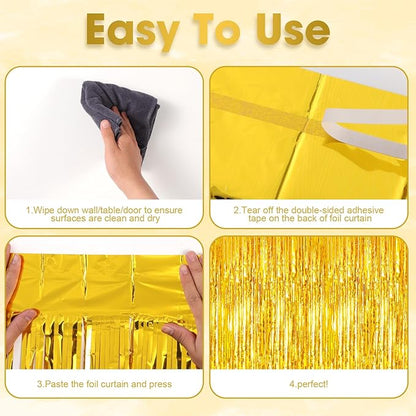 2 Pack Gold Tinsel Foil Fringe Curtains, Gold Party Decorations, Metallic Tinsel Party Streamers Backdrop for Birthday Baby Shower Graduation Wedding New Year Party Decorations