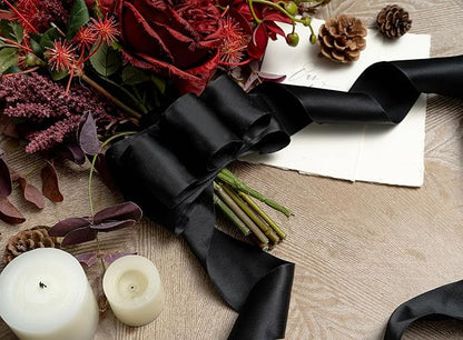 Black Satin Ribbon Double-Faced Wired Ribbons for Gift Wrapping Flower Bouquet Bows Wedding Invitation Christmas Decor Crafts 2-1/2 Inch 10 Yards