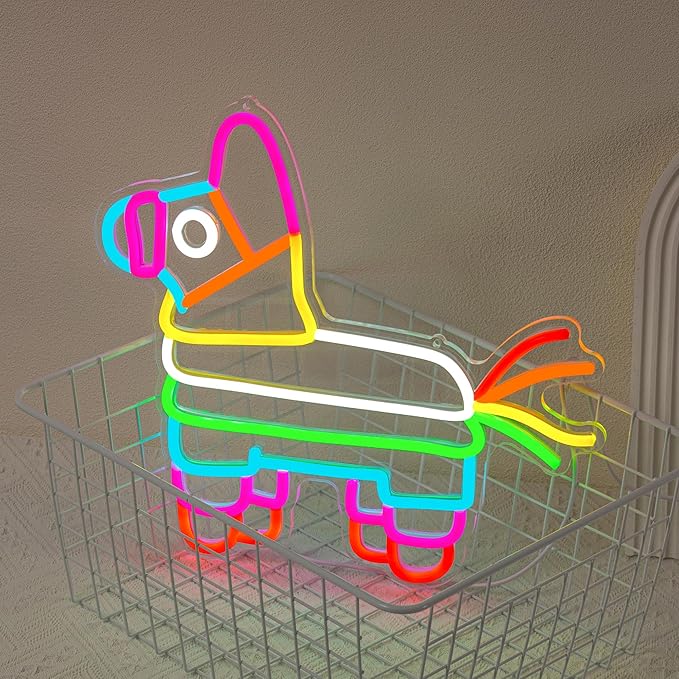 Pinata Neon Sign - Happy Birthday Neon Light for Wall Decor Mexican Colorful Horse Neon Signs with USB Power Neon Light for Bedroom Party Supplies Dimmable Design