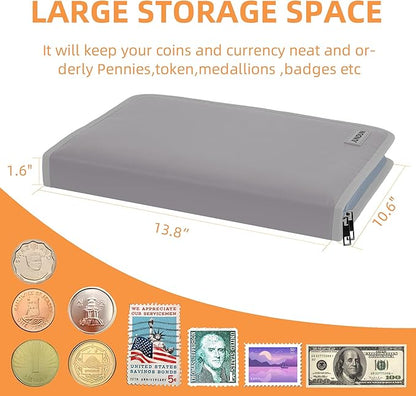Coin Collection Book Holder for Collectors, 300 Pockets Fireproof Coins Collecting Album & 36 Sleeves Money Storage Case for Coin Currency Collection Supplies, Bill, Quarters, Stamp,Silver