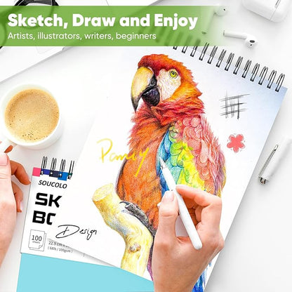 Soucolor 9" x 12" Spiral Bound Blank Sketch Notebook Journal Book- 1-Pack 100 Sheets Acid-Free 68lb/100gsm Paper, Art Sketchbook for Painting, Doodling, Journaling, Kids, Students, Adults, Beginners