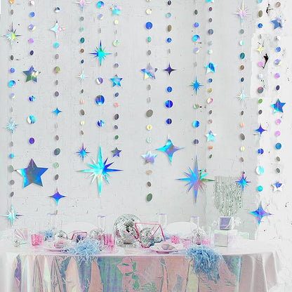 Iridescent Party Decorations Star Circle Dot Paper Garland Banner Bunting Streamer Metallic Hanging Twinkle Star Decoration for Kids Birthday Baby Shower Wedding Festival Engagement Sweet 16 Decor