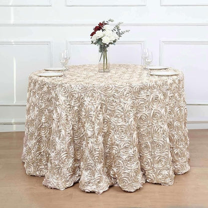 Efavormart 120" Beige Grandiose 3D Rosette Satin Round Tablecloth for Wedding Party Event Decoration