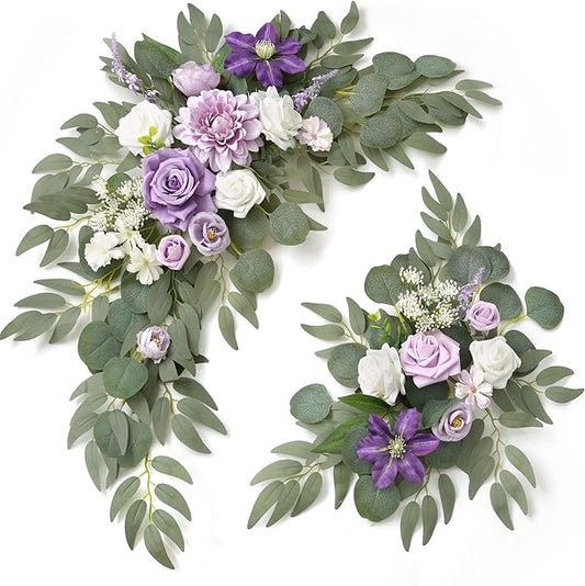 Muhanjia Wedding Sign Faux Flower Swag (Pack of 2) for Ceremony Party Reception Entrance Floral Decor Wall Easel Stand for Wedding Poster Welcome Sign (Purple)