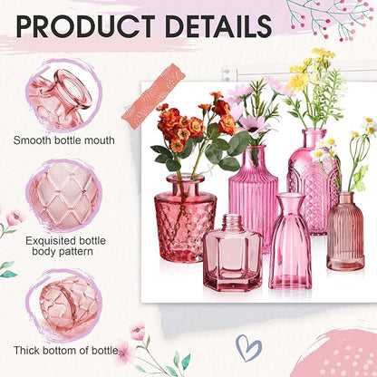 Yaomiao 30 Pcs Vases Bulk Colored Flower Glass Vases Bud Vintage Colored Glass Bottles Colorful Rustic Embossed for Home Wedding Table Decorations Gifts(Pink Series)
