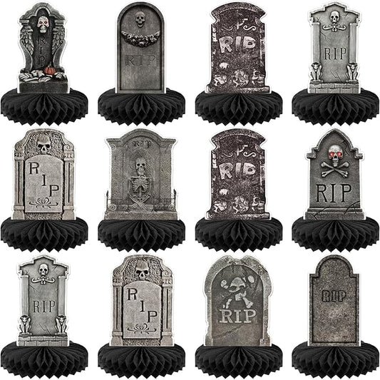 KatchOn, Halloween Tombstone Honeycombs - Pack of 12 | Halloween Table Centerpieces for Tombstone Halloween Decorations | Graveyard Tombstone Paper Honeycombs, Halloween Party Decorations