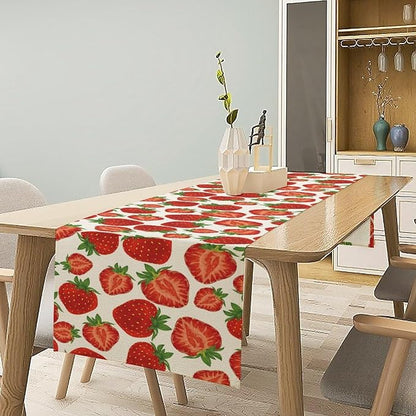 Strawberry Table Runner,Spring Summer Fruit Print Table Runner for Kitchen Dining Table Home Party Decoration 13x90 Inch