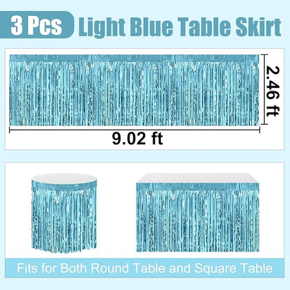 3 Pack 29 x108 Inch Light Blue Foil Fringe Table Skirts Metallic Banner for Tinsel Streamer Garland Backdrop for Parade Floats Wedding Thanksgiving Birthday Christmas New Year Party Decoration