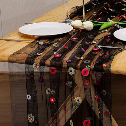 BINBE 12pcs Daisy Fall Table Runner Embroidery Gauze 10FT Florals Seasonal Tulle Holiday Birthday Kitchen Dining Table Decor for Home Party Black