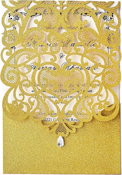 Hosmsua 50PCS Blank Wedding Invitation Cards 5 x 7.3 Inch Gold Laser Cut Hollow Heart Floral Invitation with Rhinestone pockets invitations for Engagement Quinceanera Invite (Gold Glitter)