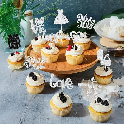 Ephlyn 30Pcs Bride to be Cupcake Toppers Glitter Diamond Ring Love I Do Cupcake Picks for Miss to Mrs Bridal Shower Wedding Engagement Bachelorette Cupcake Decorations Party Supplies Silver
